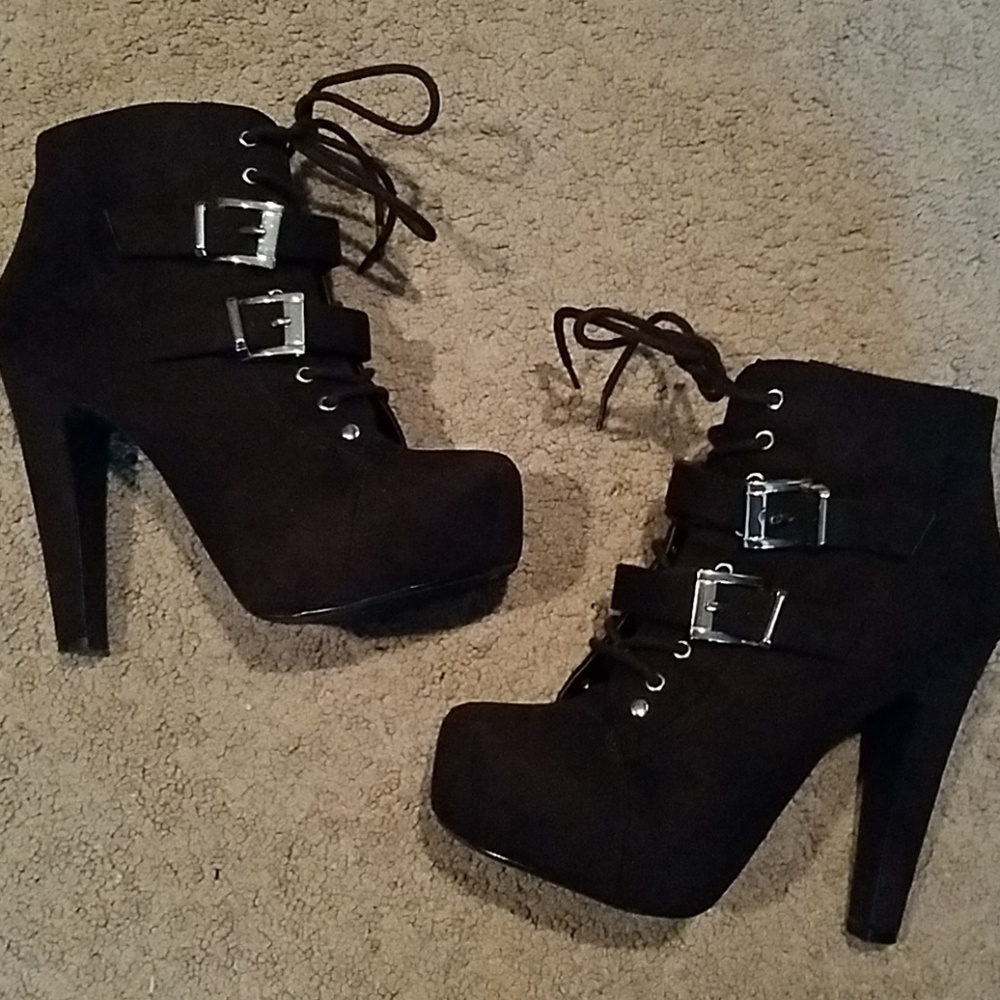 Black suede heel booties. Size 7